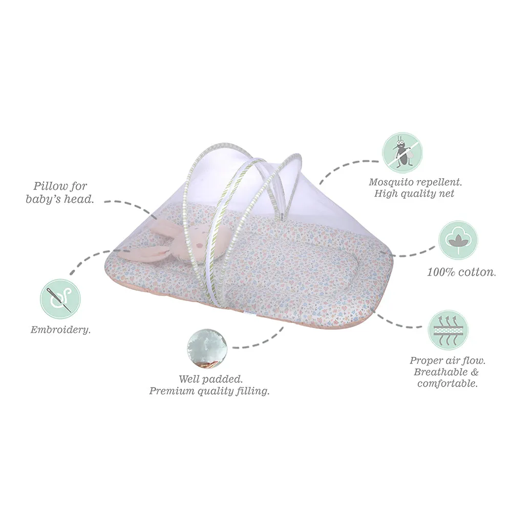 Abracadabra Gadda Set with Mosquito Net & Shaped Pillow Bunny Garden Theme - Peach