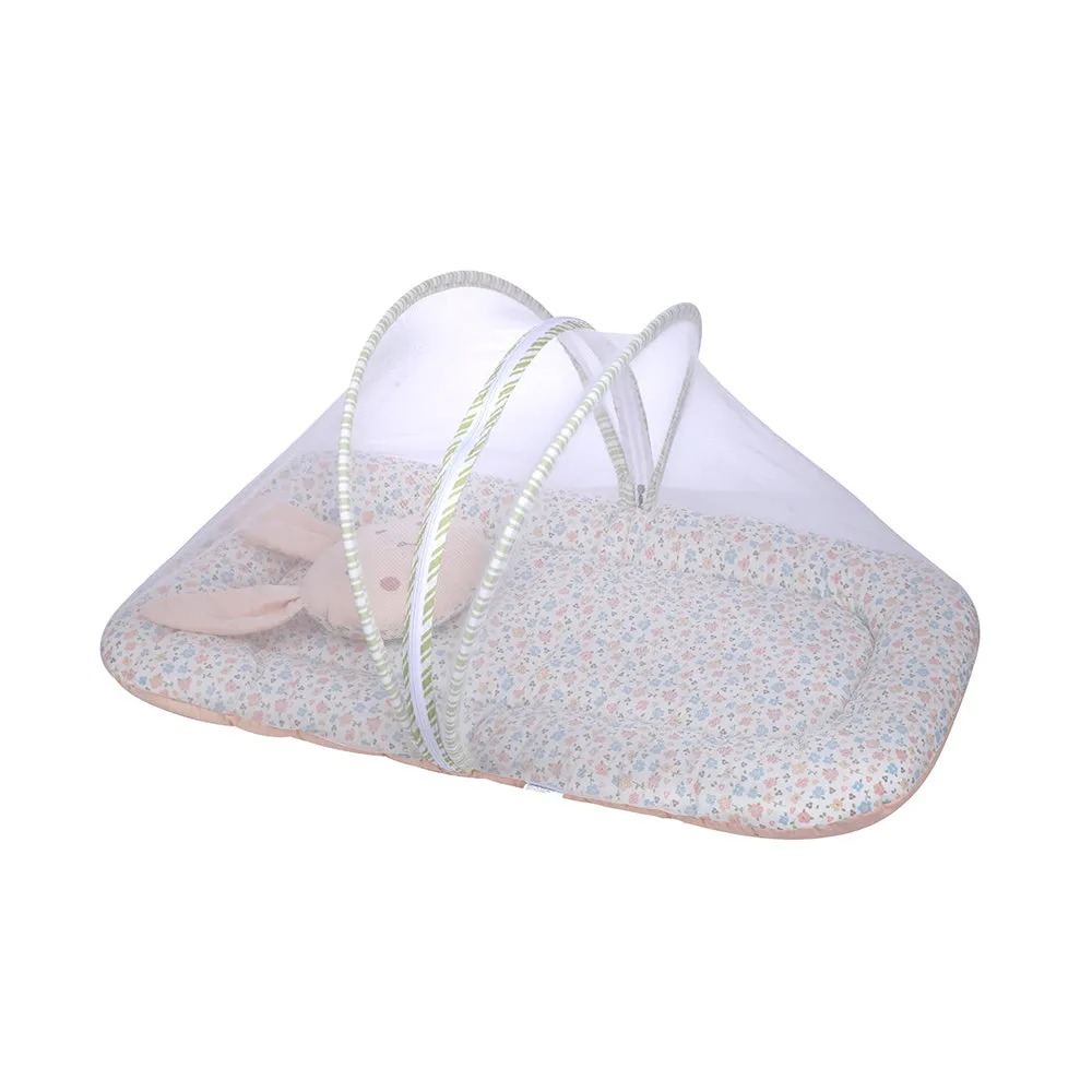 Abracadabra Gadda Set with Mosquito Net & Shaped Pillow Bunny Garden Theme - Peach