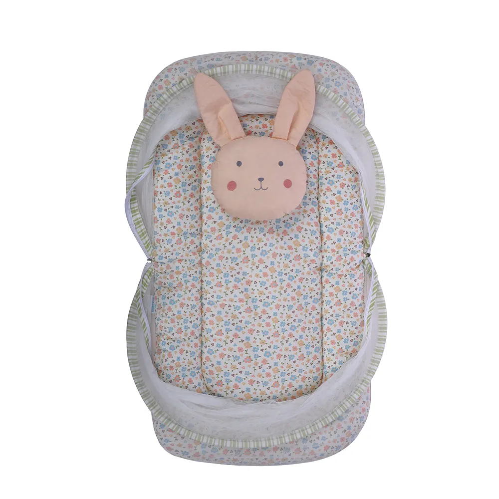 Abracadabra Gadda Set with Mosquito Net & Shaped Pillow Bunny Garden Theme - Peach
