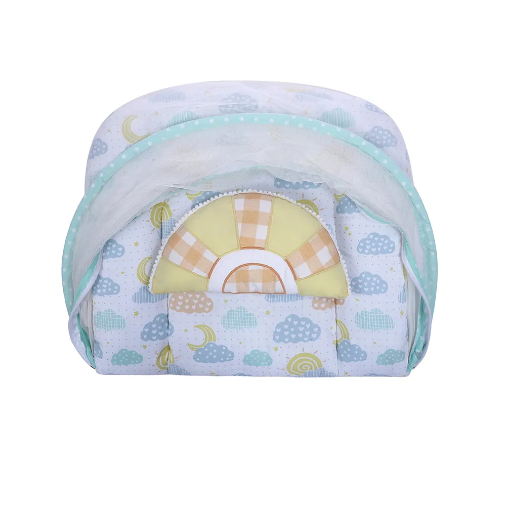 Abracadabra Gadda Set With Mosquito Net & Shaped Pillow Lost In Clouds Theme - Orange