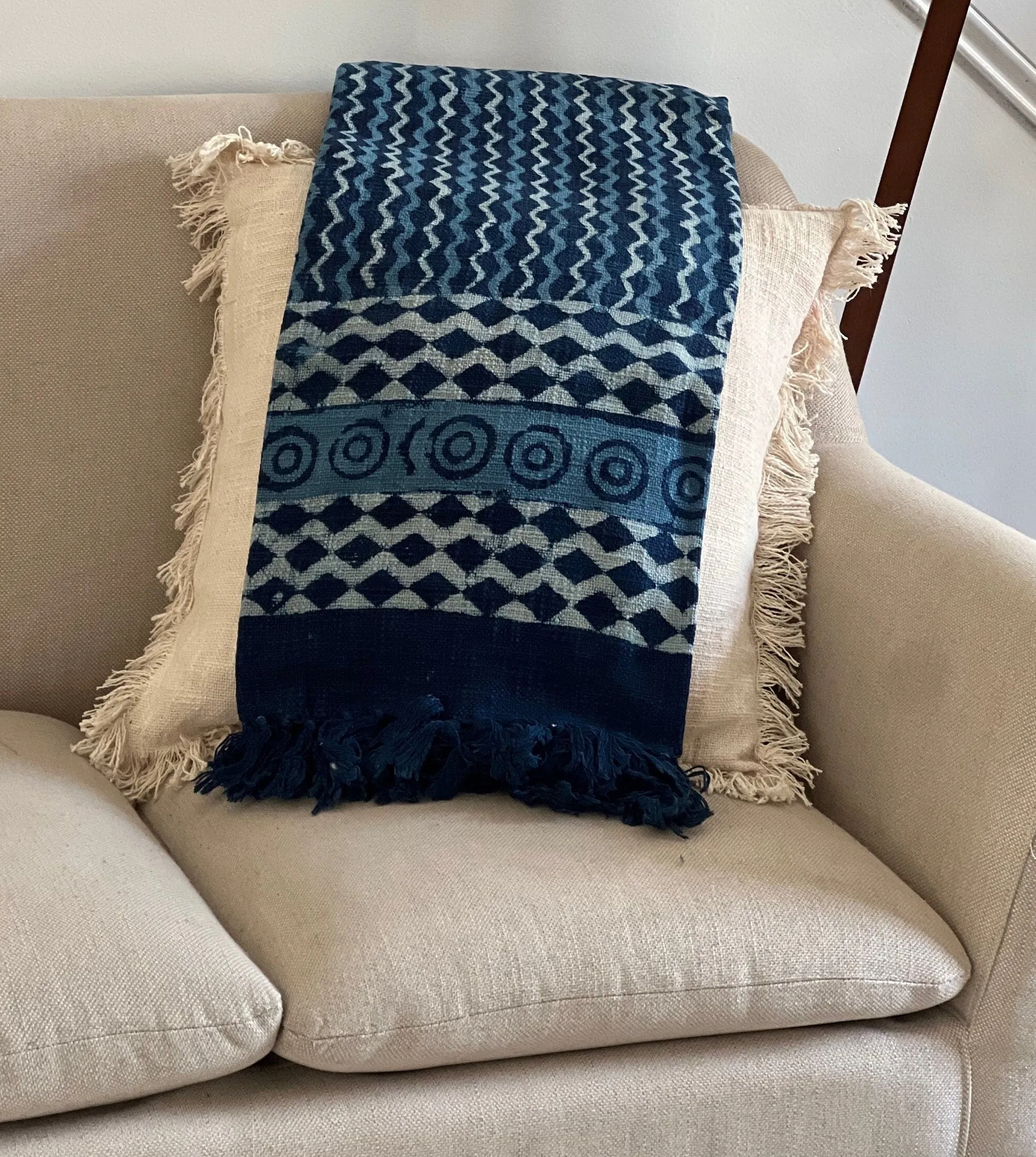 Blue Indigo Blanket, Mud Cloth Throw for Couch, Indigo Throw Blanket with Tassels, Block Print Throw, Boho Home Decor, Gift for Her