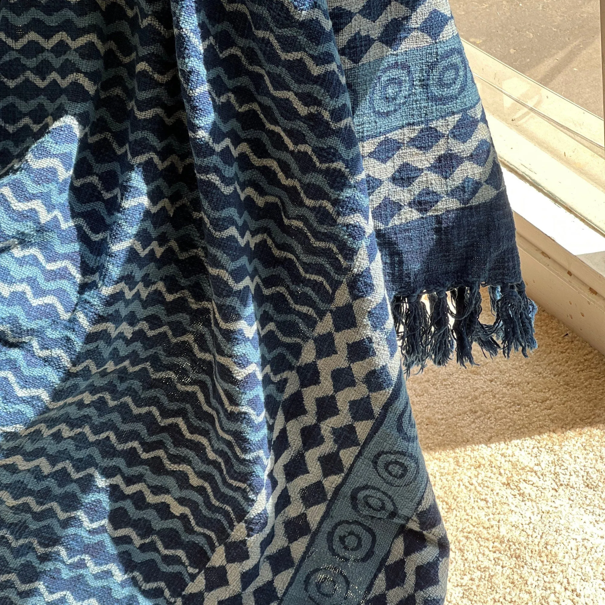 Blue Indigo Blanket, Mud Cloth Throw for Couch, Indigo Throw Blanket with Tassels, Block Print Throw, Boho Home Decor, Gift for Her