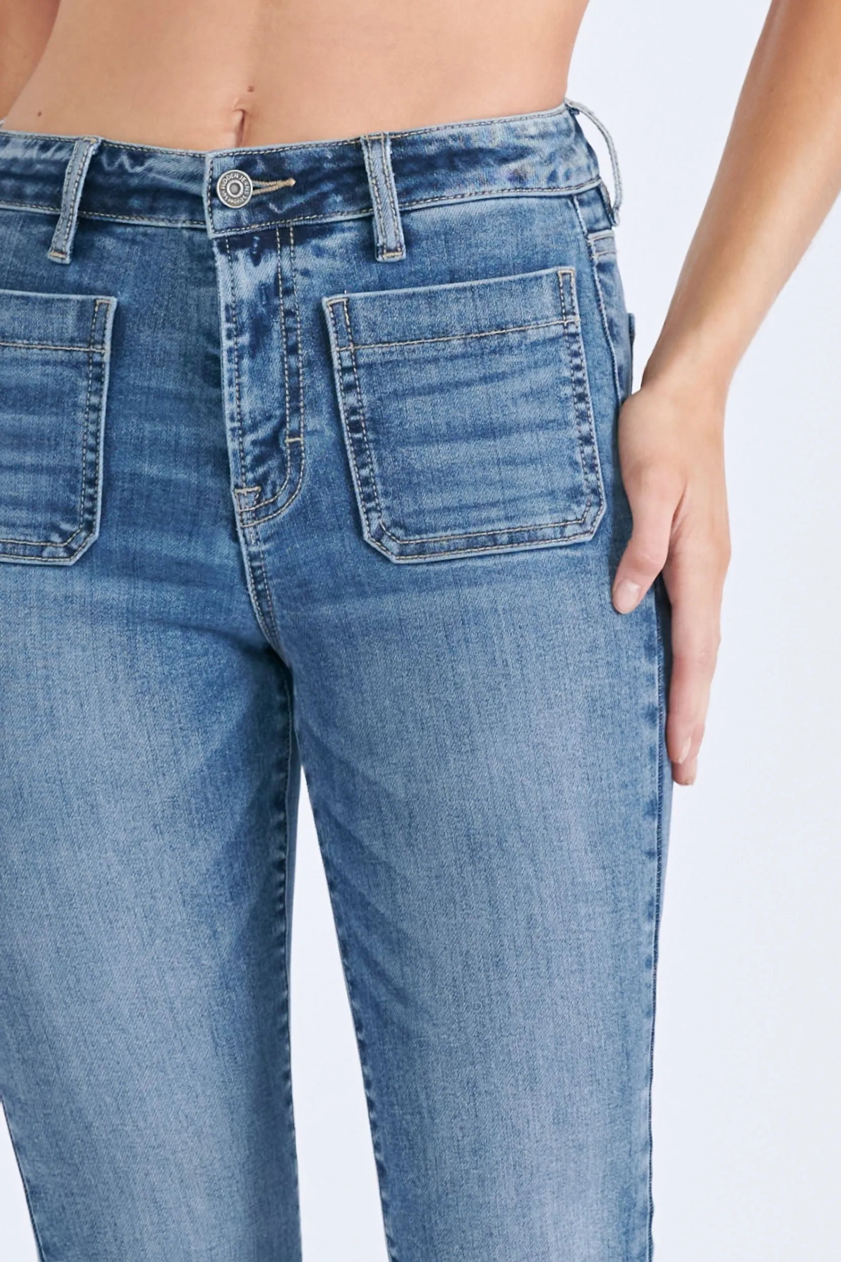 Medium Wash Front Pocket Frayed Hem Flare