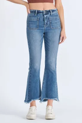 Medium Wash Front Pocket Frayed Hem Flare